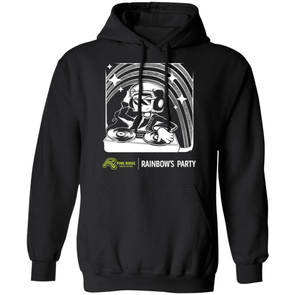 A black pullover hoodie with a white graphic of a DJ in headphones playing records under a rainbow, with the text 'RAINBOWS PARTY' and a small 'Pine Ridge Apparel' logo on the front.