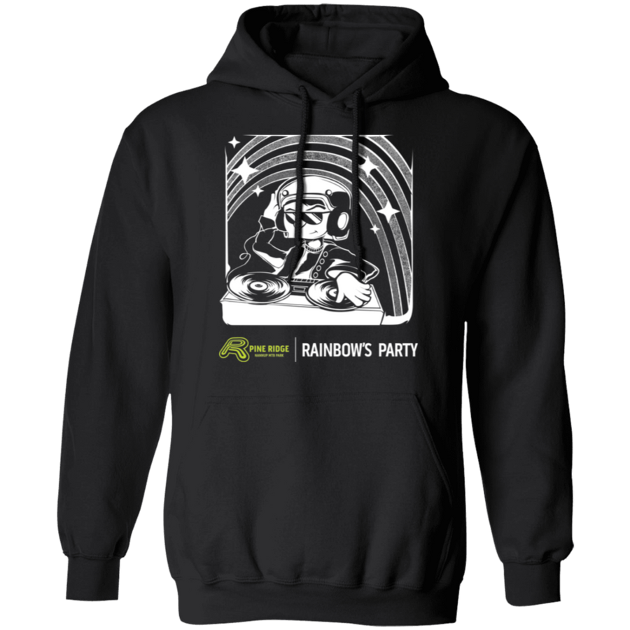 A black pullover hoodie with a white graphic of a DJ in headphones playing records under a rainbow, with the text 'RAINBOWS PARTY' and a small 'Pine Ridge Apparel' logo on the front.