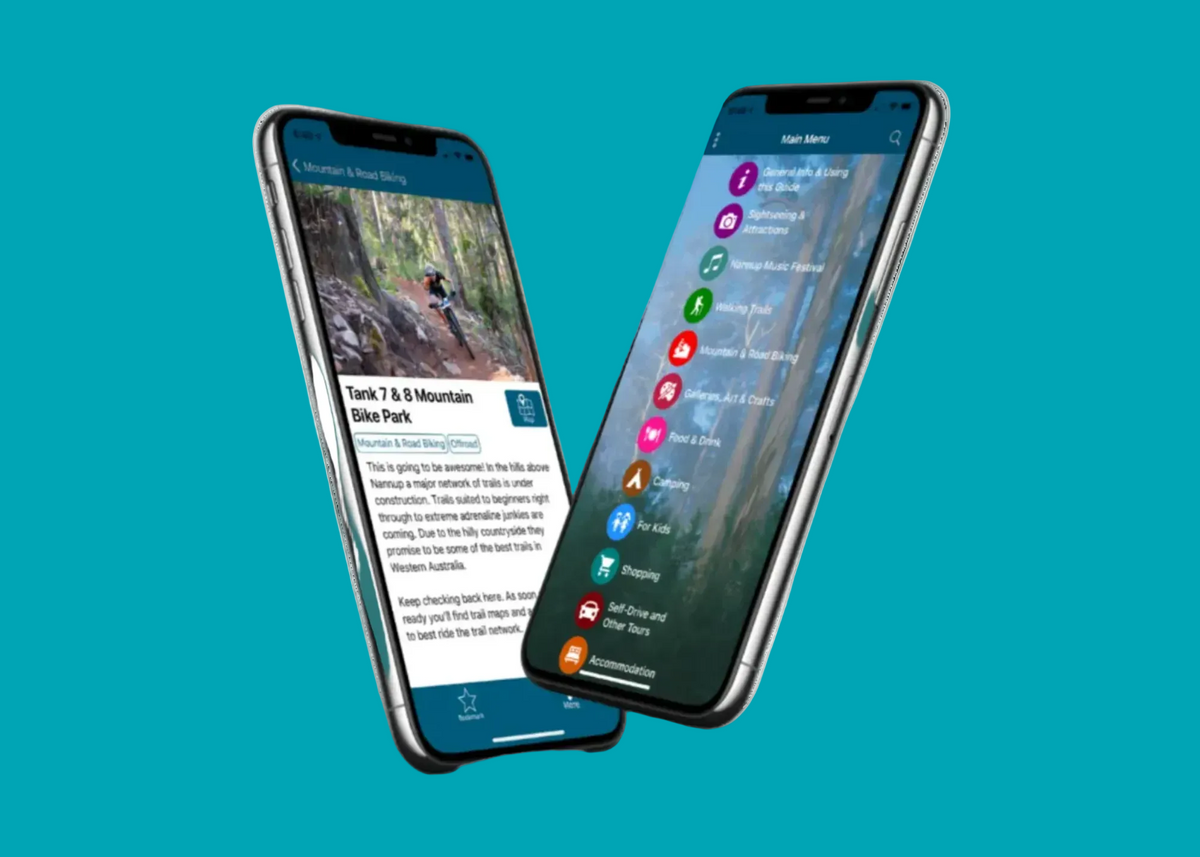 Two smartphones angled against a black background, displaying a trail app interface. One phone shows a trail article page, and the other shows a vertical menu with icons for general info, highlights, music, walking trails, guides, food, camping, shopping, and accommodation.