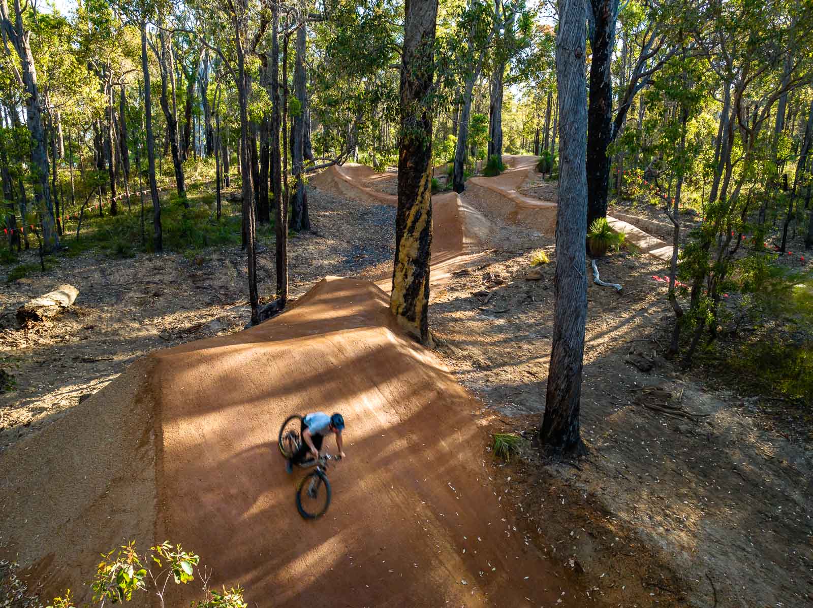 Freestyle Jump Park in Nannup forest with a mountain bike rider on the trail.